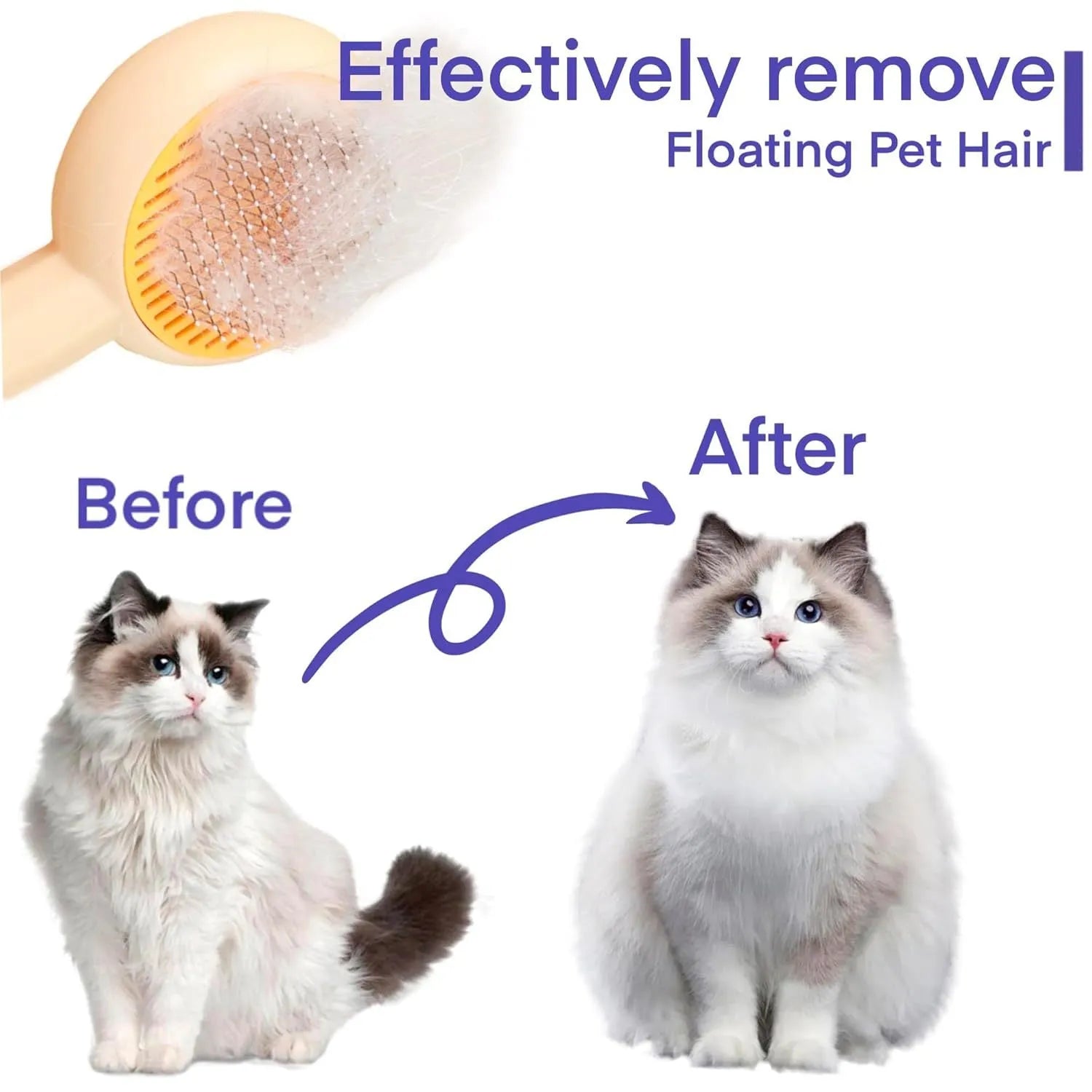 Blue and yellow pet grooming brush with self-cleaning button and angled wire needles