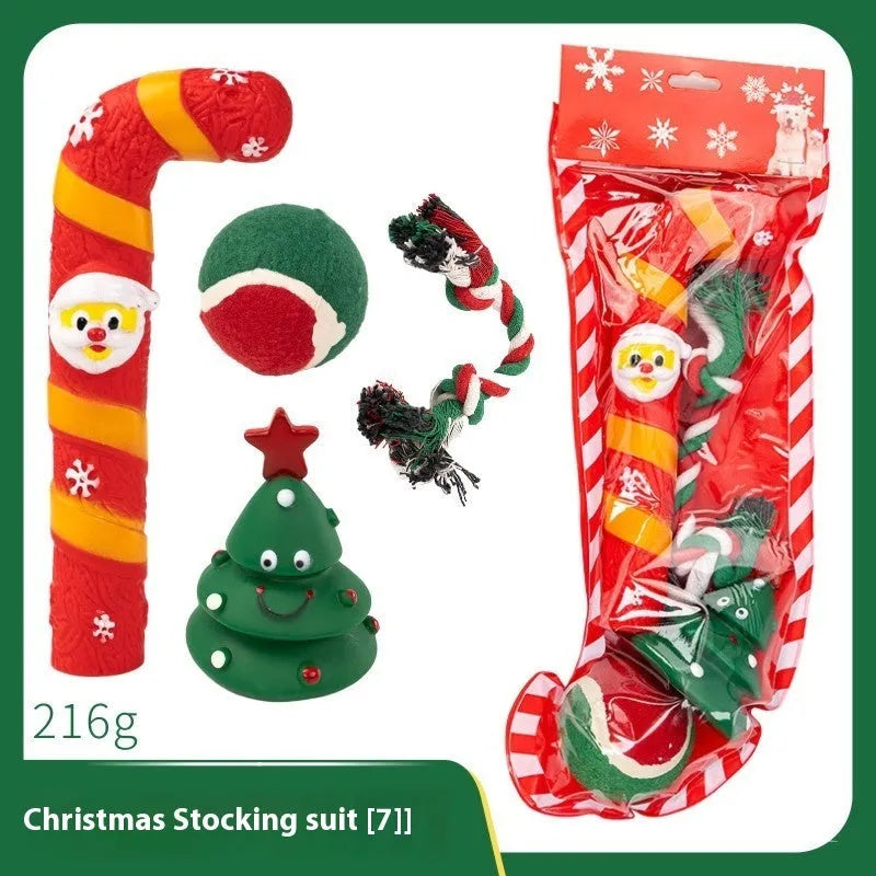 Christmas dog toy gift sets in vinyl with seven festive design options for bite-resistant chewing