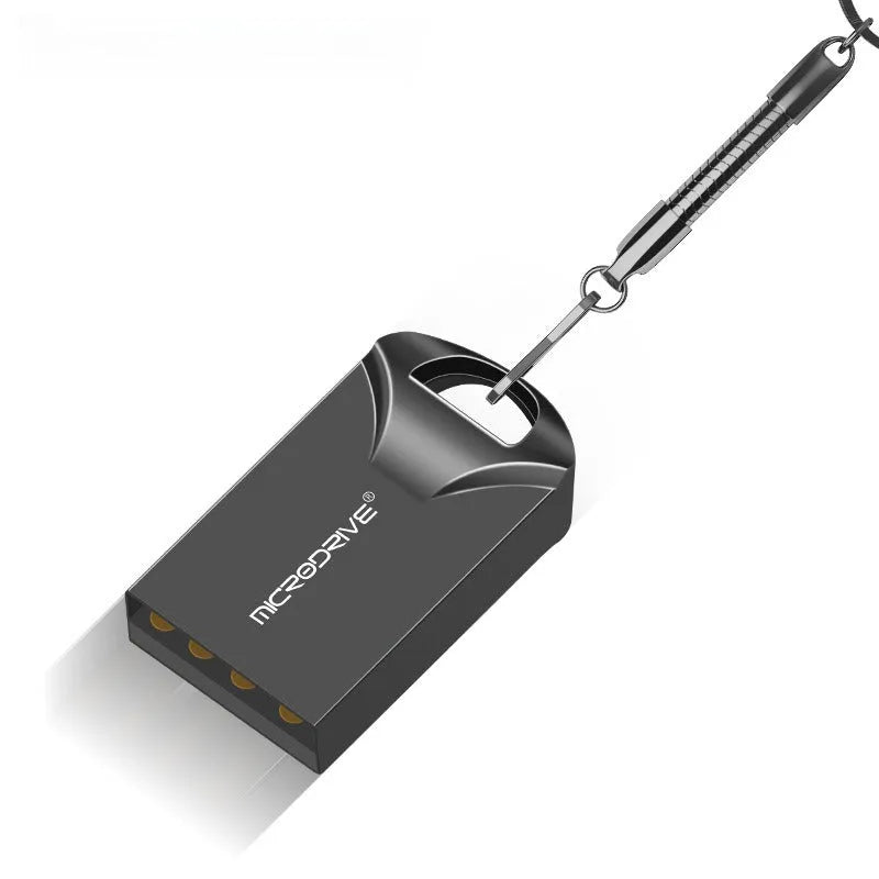 Small black and silver metal USB flash drive showing compact size and USB connector