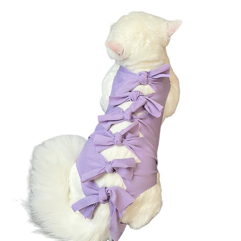 Lace-up cat sterilization clothing in polyester for post-operation recovery, shown in multiple colour options