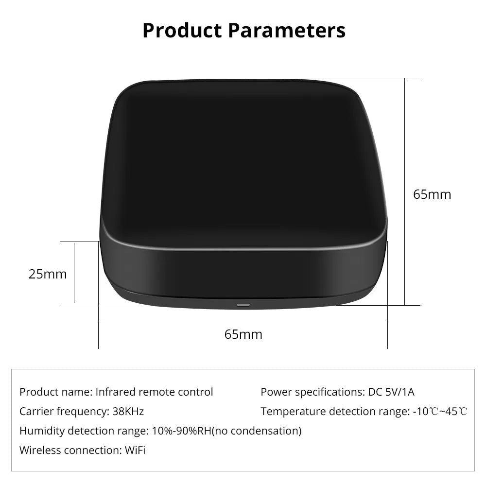 Black universal infrared remote control with voice control and WiFi connectivity