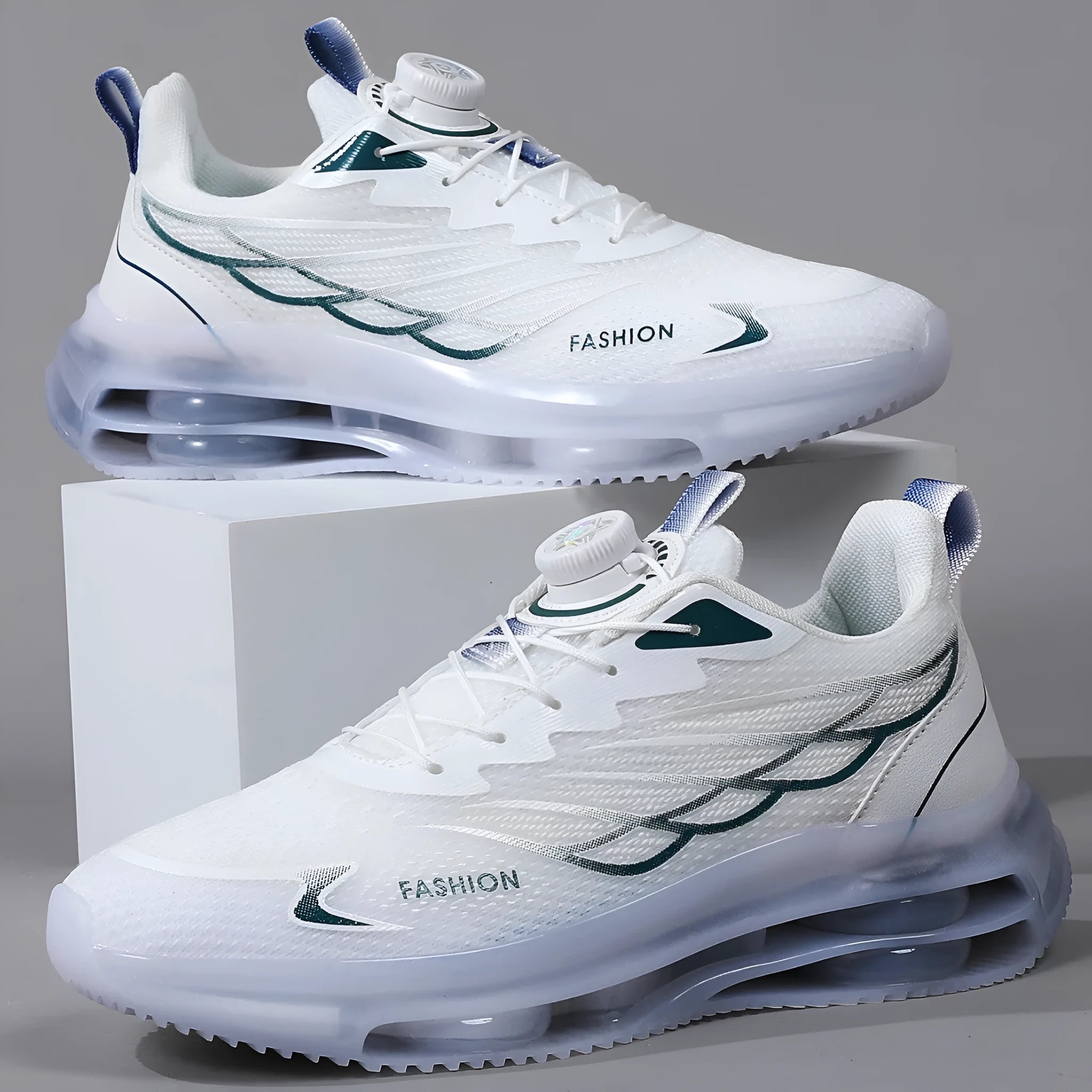 White men's casual running shoes with mesh upper, rotating button lace-up, and rubber sole.