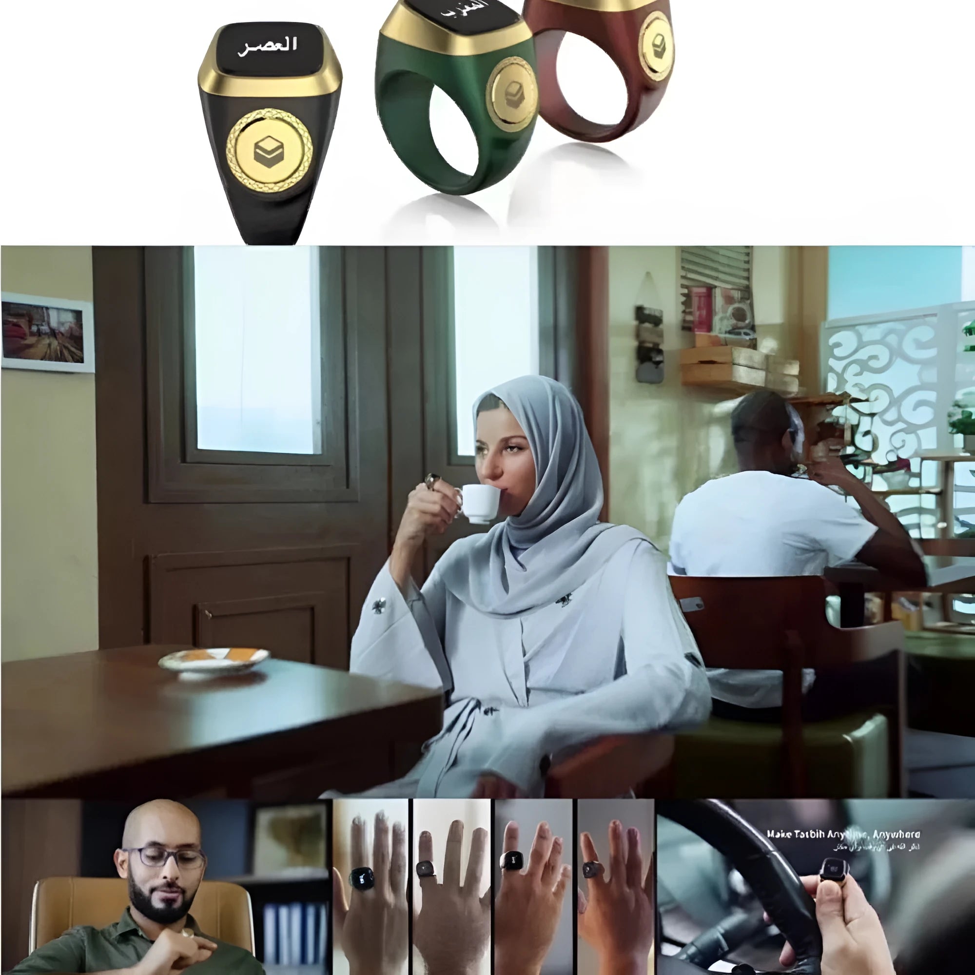 Zikr1 metal smart ring with OLED screen on a finger, showing a Tasbih count.