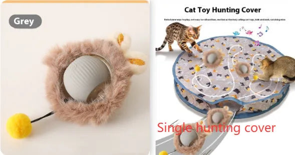 Silicone cat rolling ball toy in green, grey, red, and pink plush designs with optional rope attachment