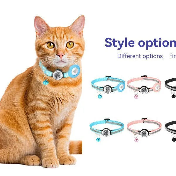 Black silicone pet collar with QR code pattern and reflective stripe for Apple Airtag holder