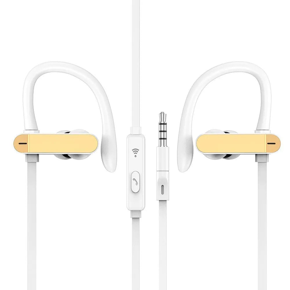 Sport running ear hook earbuds with microphone in black blue colour, showing flexible over-ear hook design.