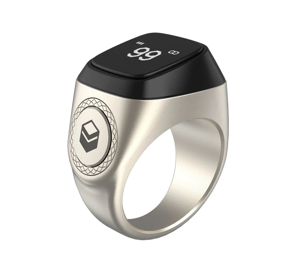 Zikr1 metal smart ring with OLED screen on a finger, showing a Tasbih count.