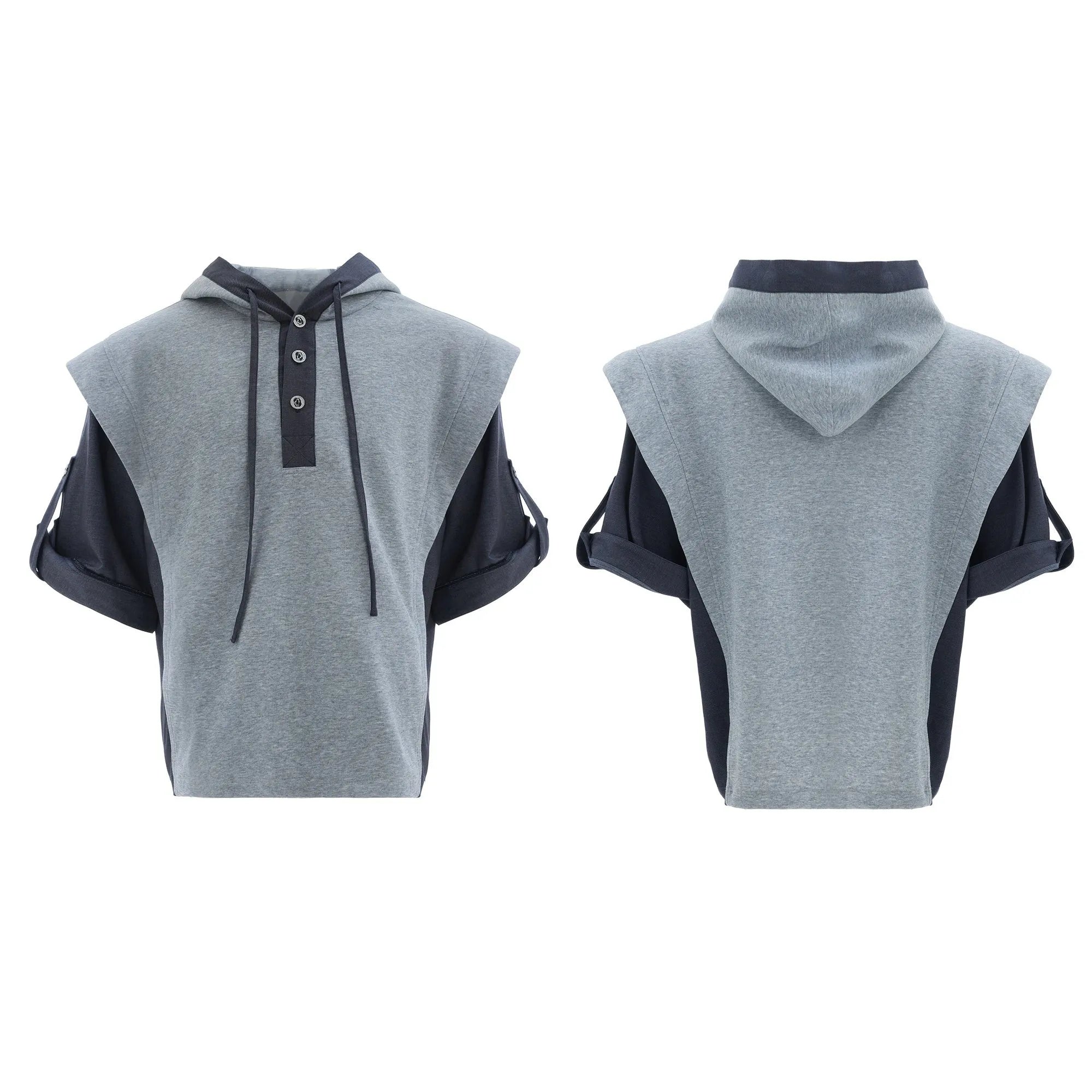 Men's black and grey polyester tracksuit with hooded jacket featuring three-dimensional stitching design