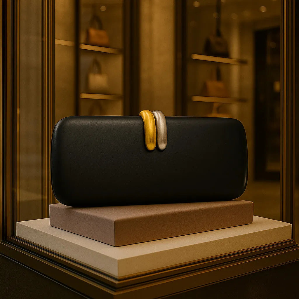 Hard oval PU clutch bag with chain strap in burgundy, showing three-dimensional pocket and crossbody wear option