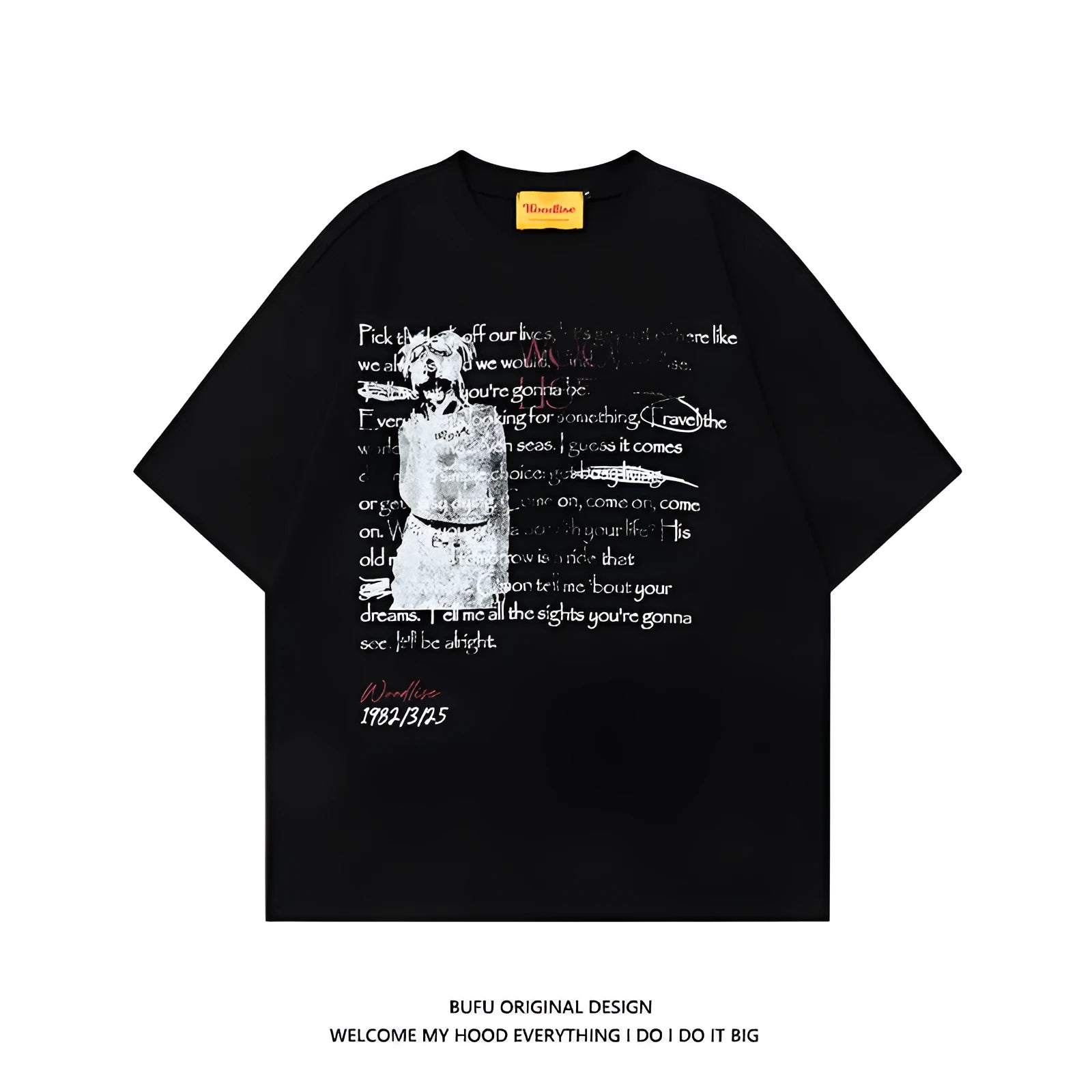Men's black hip hop style cotton T-shirt with white letter printing and loose fit