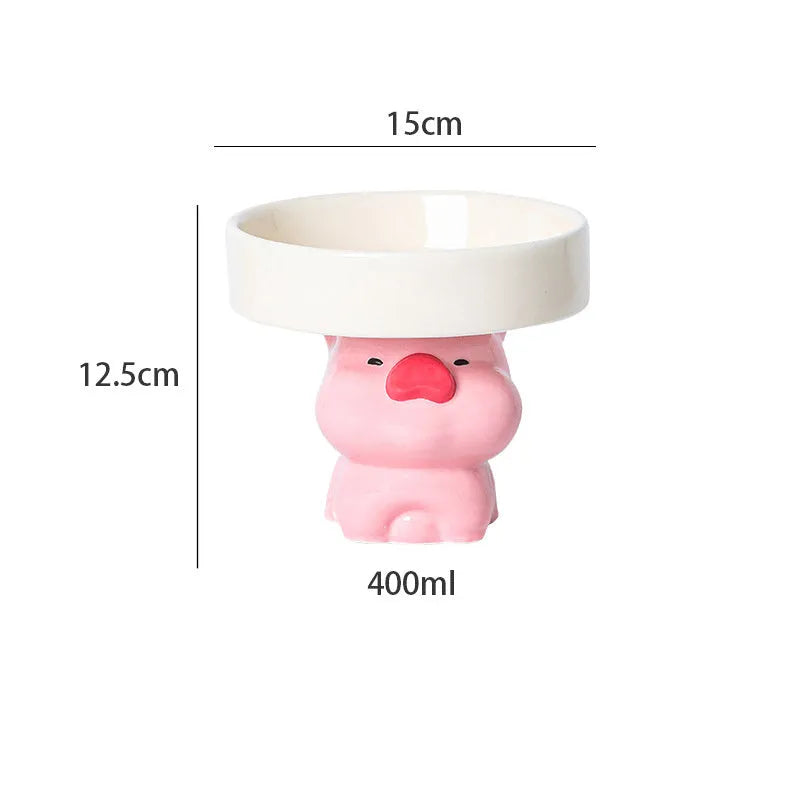 Ceramic raised cat bowl in animal theme design on a floor