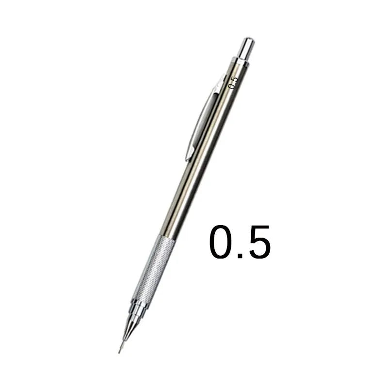 A metal mechanical pencil for drafting and writing with multiple lead size options.