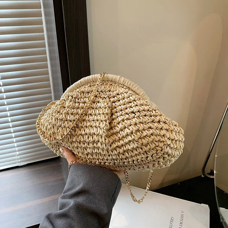 Khaki straw shoulder bag with shell shape design and internal zipper pocket