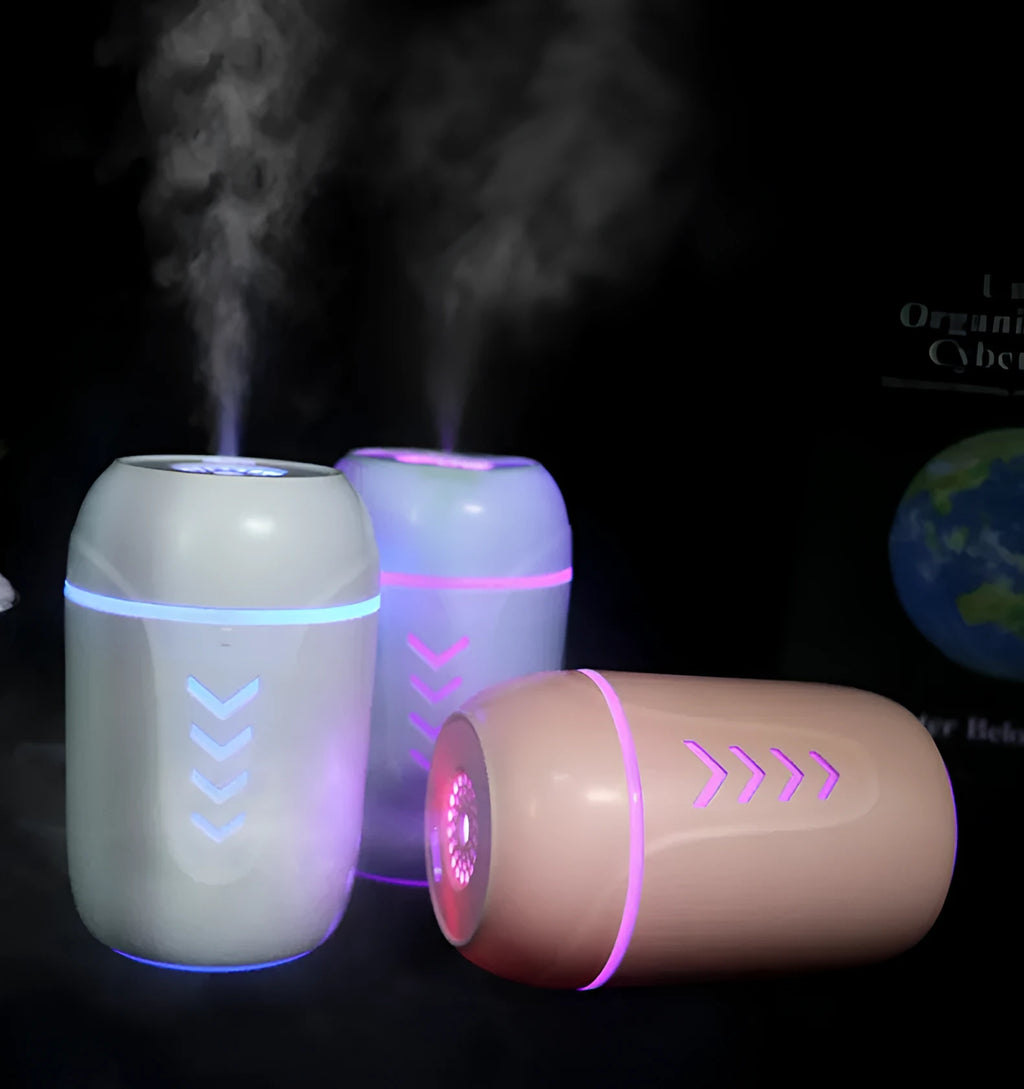 X3 portable car humidifier with columnar design in blue, pink or white colour options