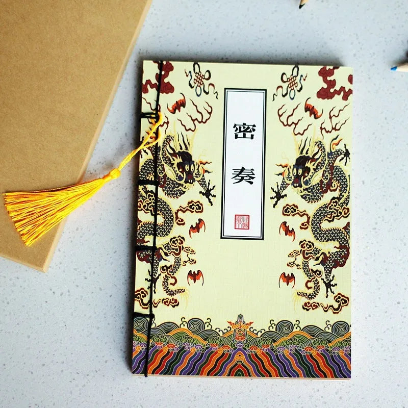 A5 antique wire-bound notebook with retro painting cover, wax rope binding, and tassels