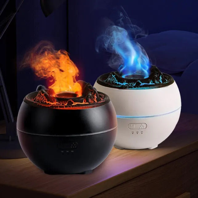 Flame aroma diffuser with timer, 300ml water tank, black crack style, on a wooden desk, with visible USB cable
