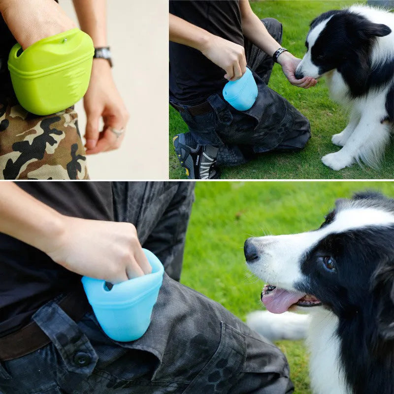 Silicone dog training treat waist bag with clip and magnetic semi-closed opening in assorted colours