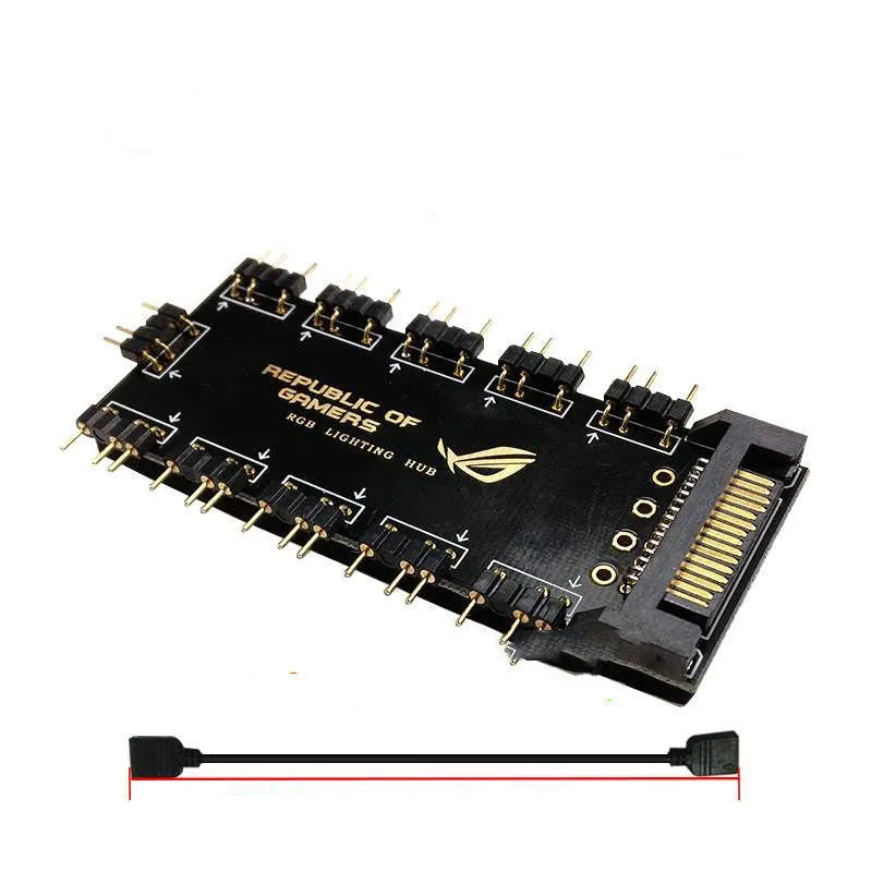 AURA RGB One Point Ten 5V hub with SATA power cable, black, 10 ports for PC lighting