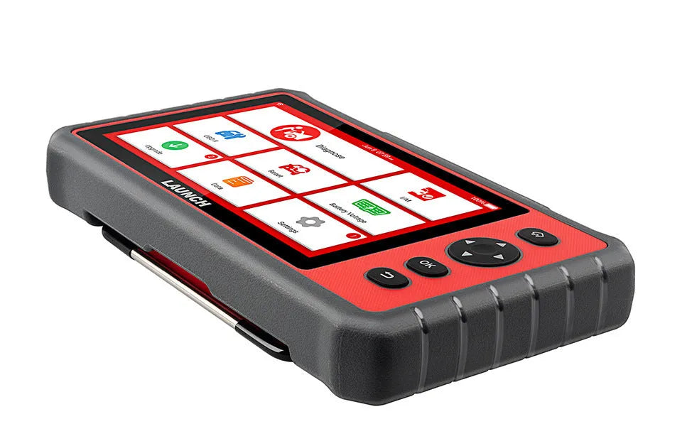 Red car fault decoder with 7 inch IPS touch screen displaying diagnostic data, with Mini USB and power button visible