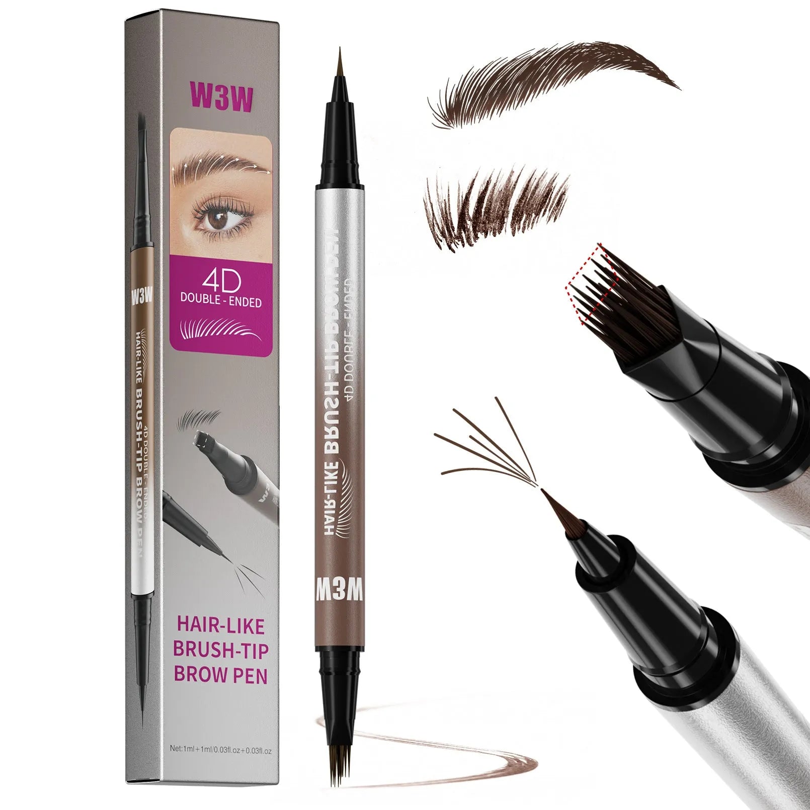 Waterproof sweat-proof smudge-proof double-ended eyebrow pencil with powder in five colour options including light brown, brown, dark brown, black brown, and black.