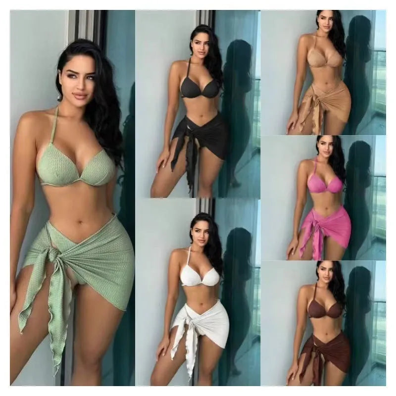 Women's sexy Russian split style three-piece swimsuit set in avocado green, laid flat showing top, panties, and skirt.