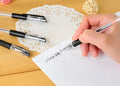 0.5mm carbon black refill gel pen with plastic body and cap, 14.5cm long