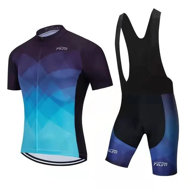 Men's and women's cycling jersey set with top and trousers for mountain and road biking in summer.