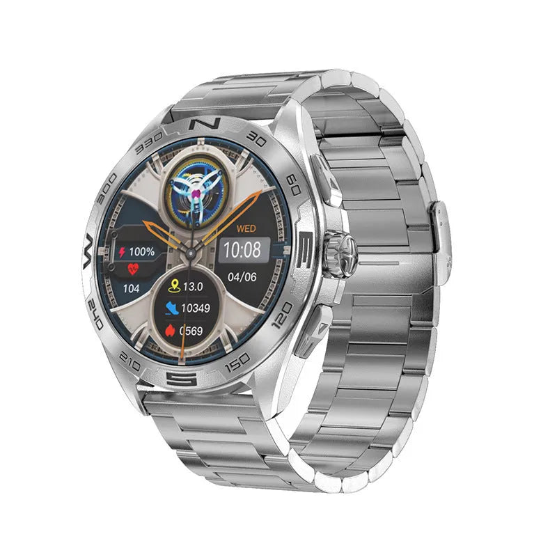 Smart watch with health monitoring display showing blood pressure, heart rate, and blood oxygen readings