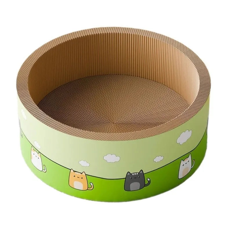 Large round deep pit cat scratch board made from corrugated paper, shown in a cute style.