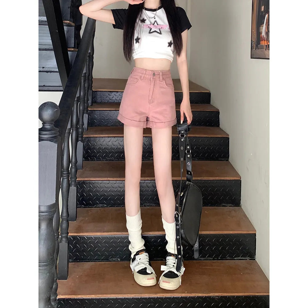Hong Kong style denim shorts for women high waist loose fit cotton black color