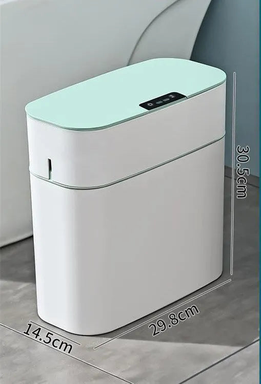 Automatic electric trash bin with inductive sensor, white plastic 15L long barrel shape, USB charging base