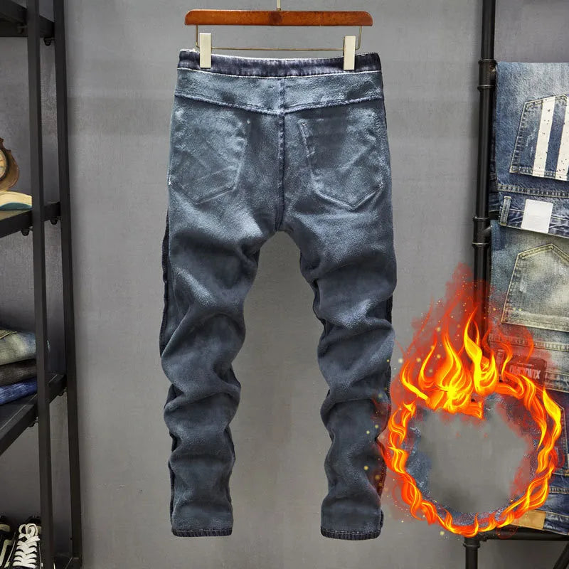 Men's slim-fit blue jeans with micro-elastic denim fabric on hanger