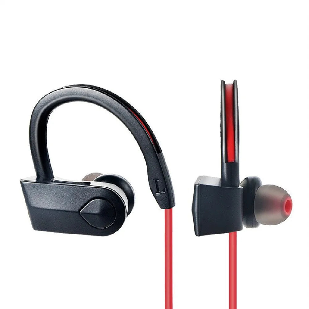 Wireless neck mounted Bluetooth earphones in black colour showing earpieces and neckband