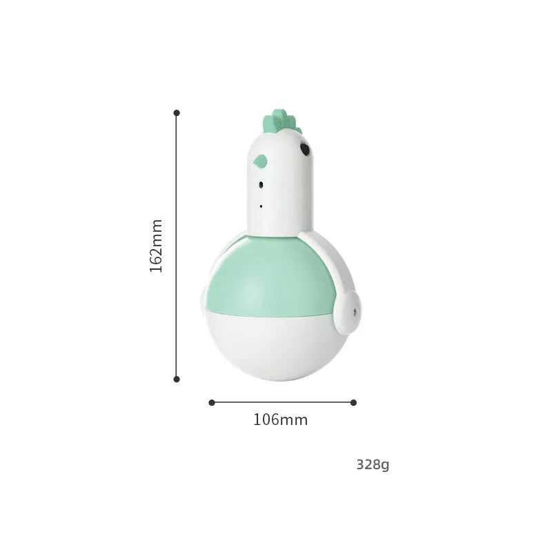 Green and orange electric cat toy chicken with laser light and sound features on a floor