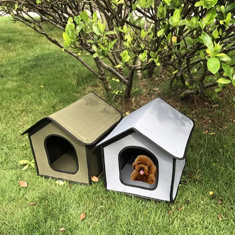 Outdoor waterproof dog kennel in army green chemical fibre, size L, with optional door curtain