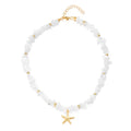 Small gravel starfish pendant necklace choker in pink and white alloy with stone inlay, bohemian geometric style for women