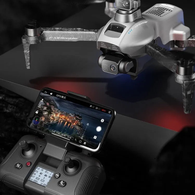 White folding quadcopter drone with camera, remote control, and shoulder bag on a table.