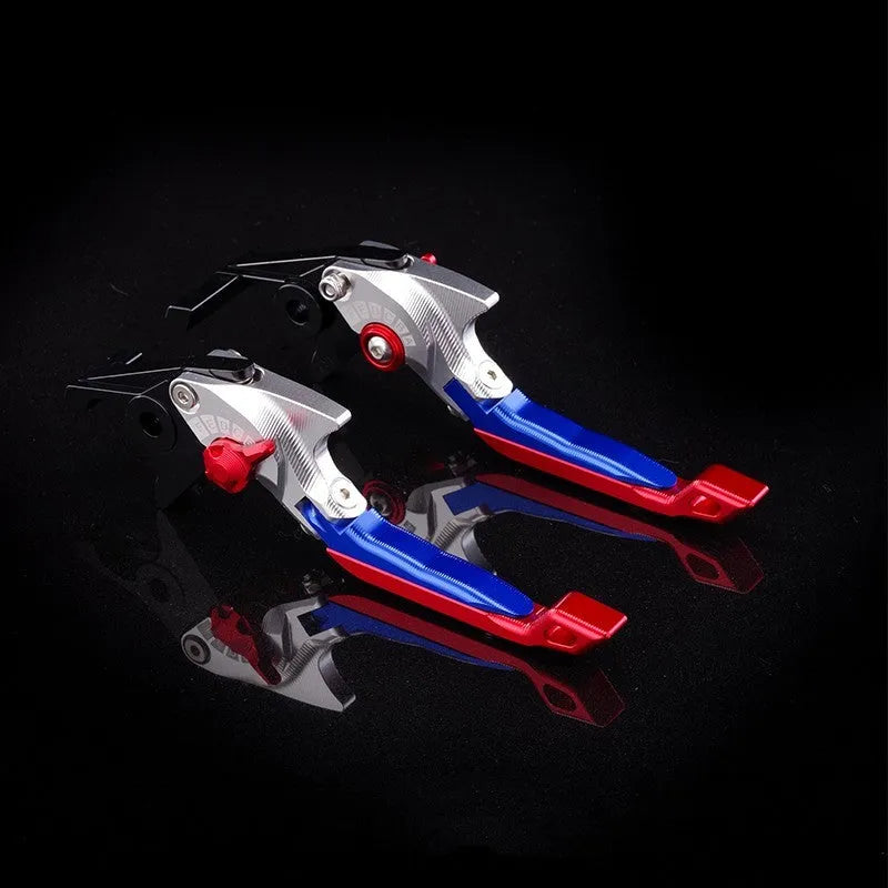 Motorcycle horn handle brake lever retrofitting kit showing adjustable mechanism and colour options