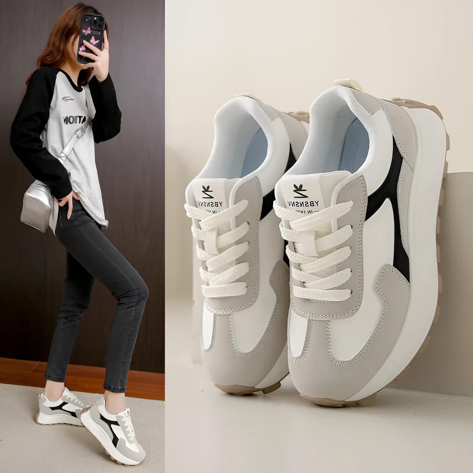 Women's low-top platform sports shoes in card black, with a flat rubber sole and front lace-up design.