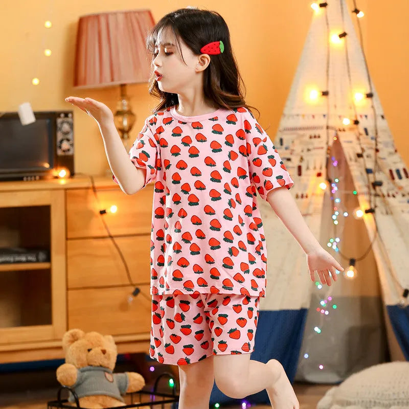 Children's cotton short-sleeved homewear set with cartoon print, top and pants, on a white background