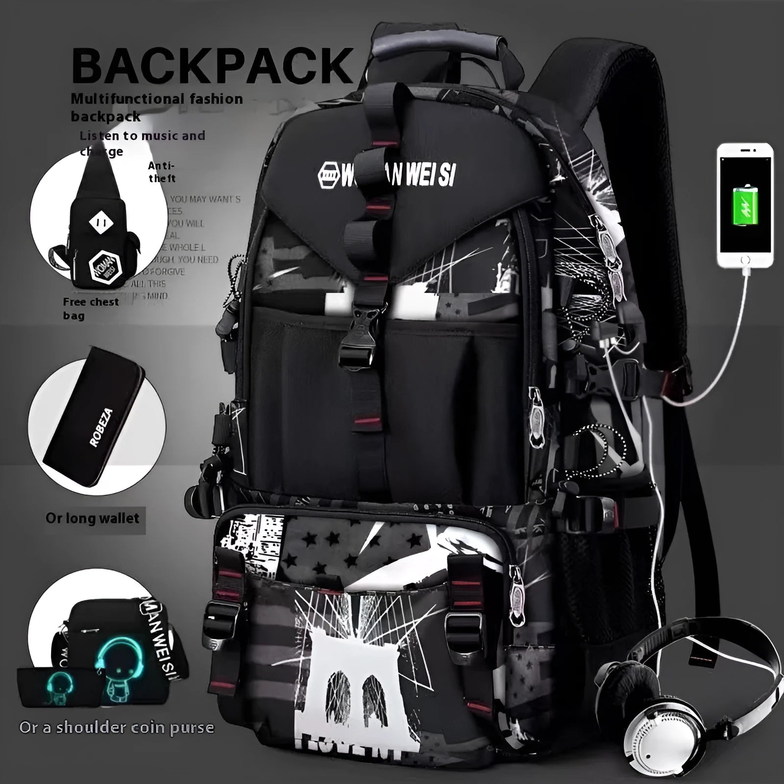Men's large black waterproof Oxford cloth hiking backpack with padded straps and multiple compartments.