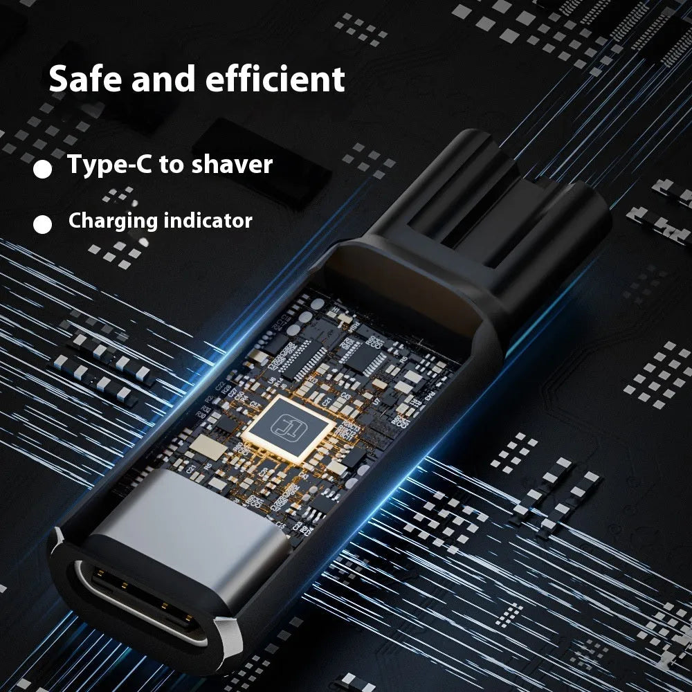 Black USB-C charging adapter for electric shavers with aluminium alloy case and 4.3V 8W output.