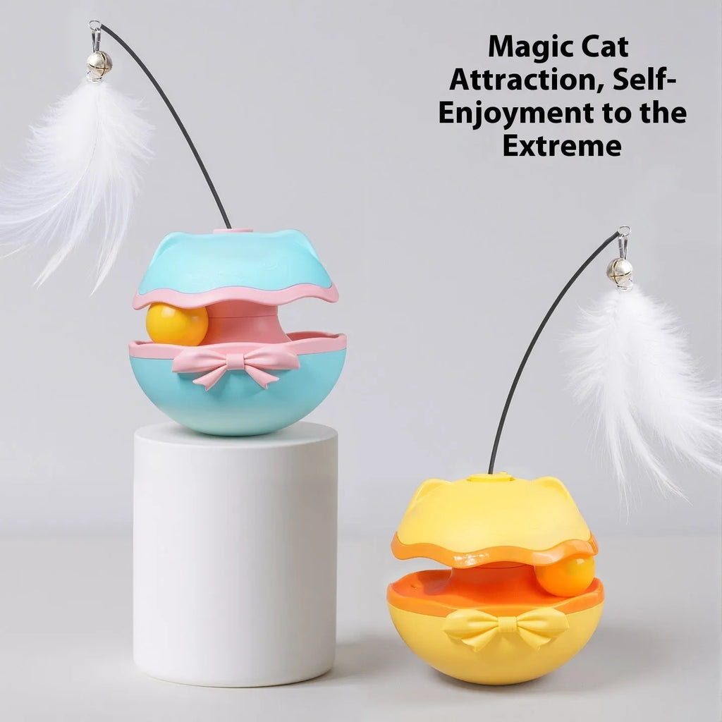 Electric automatic rotating cat teaser wand toy in lemon yellow, sky blue, or grey.