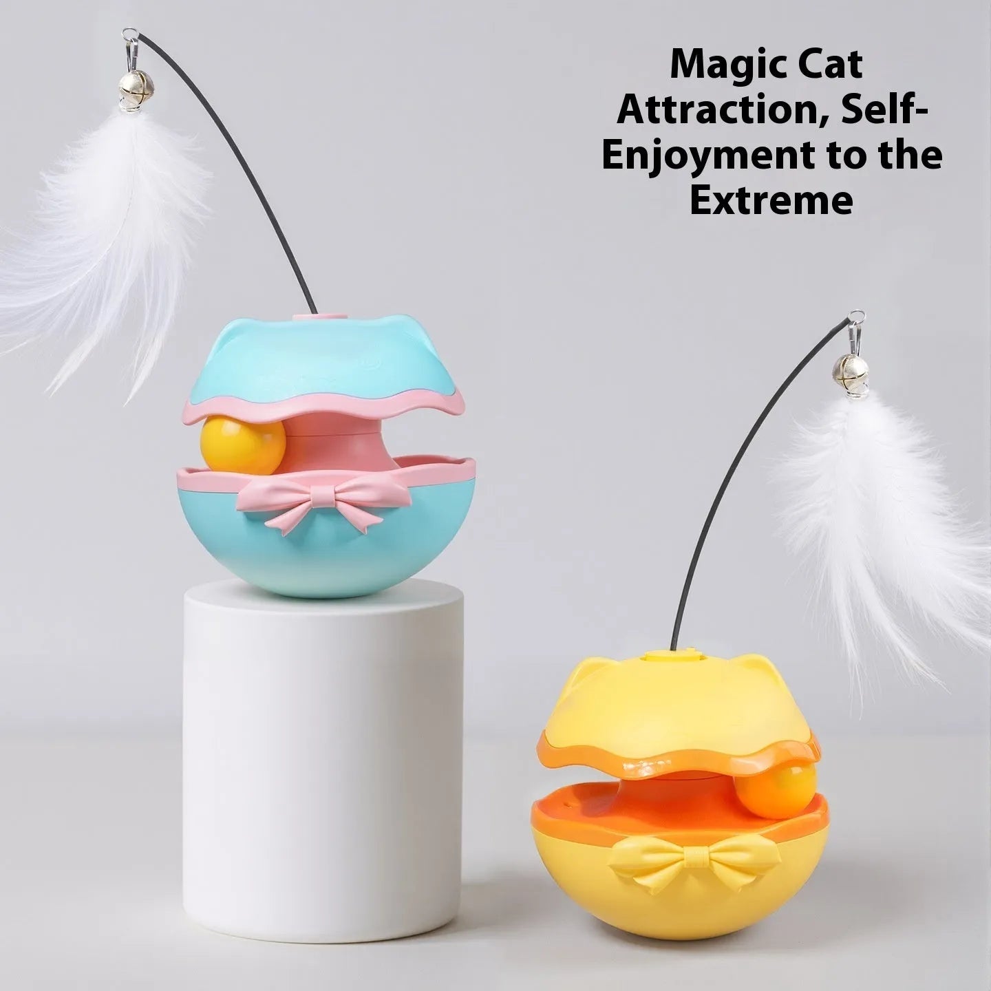 Electric automatic rotating cat teaser wand toy in lemon yellow, sky blue, or grey.