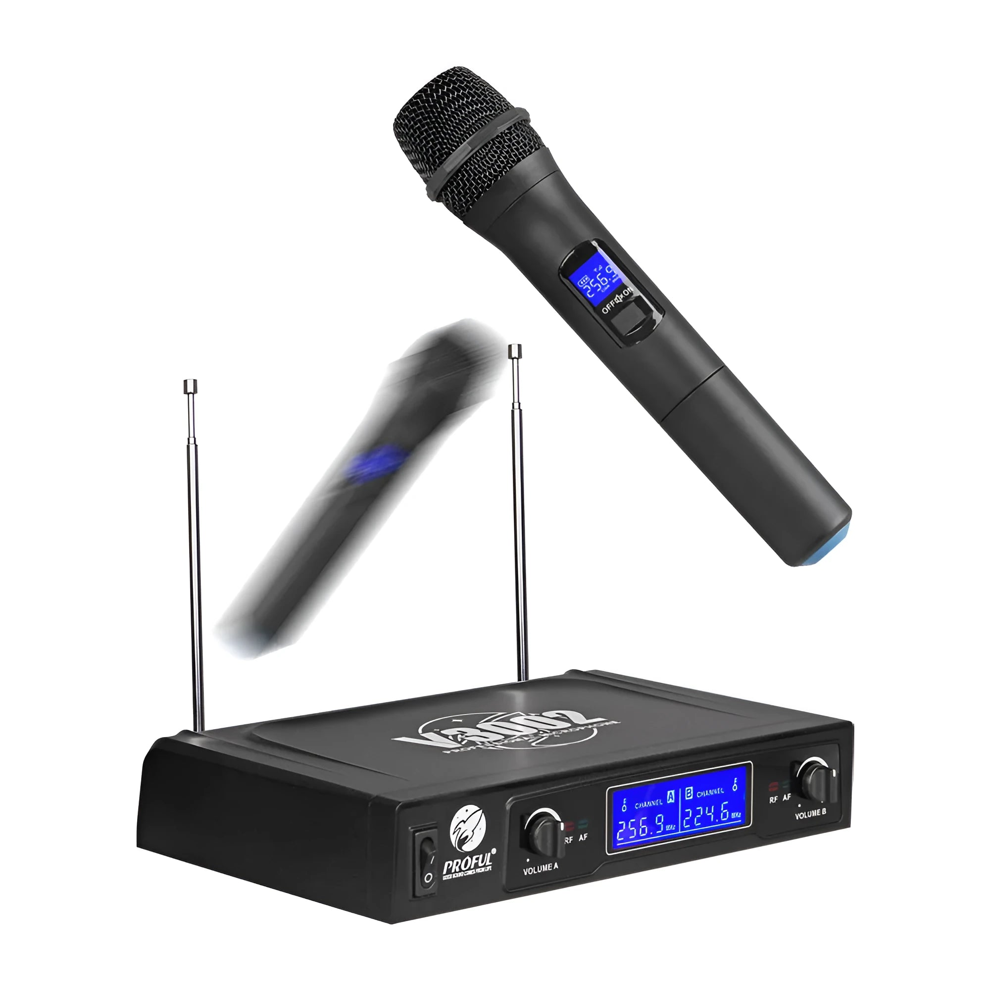 V-3002 black wireless microphone set with two handheld microphones and transmitter unit