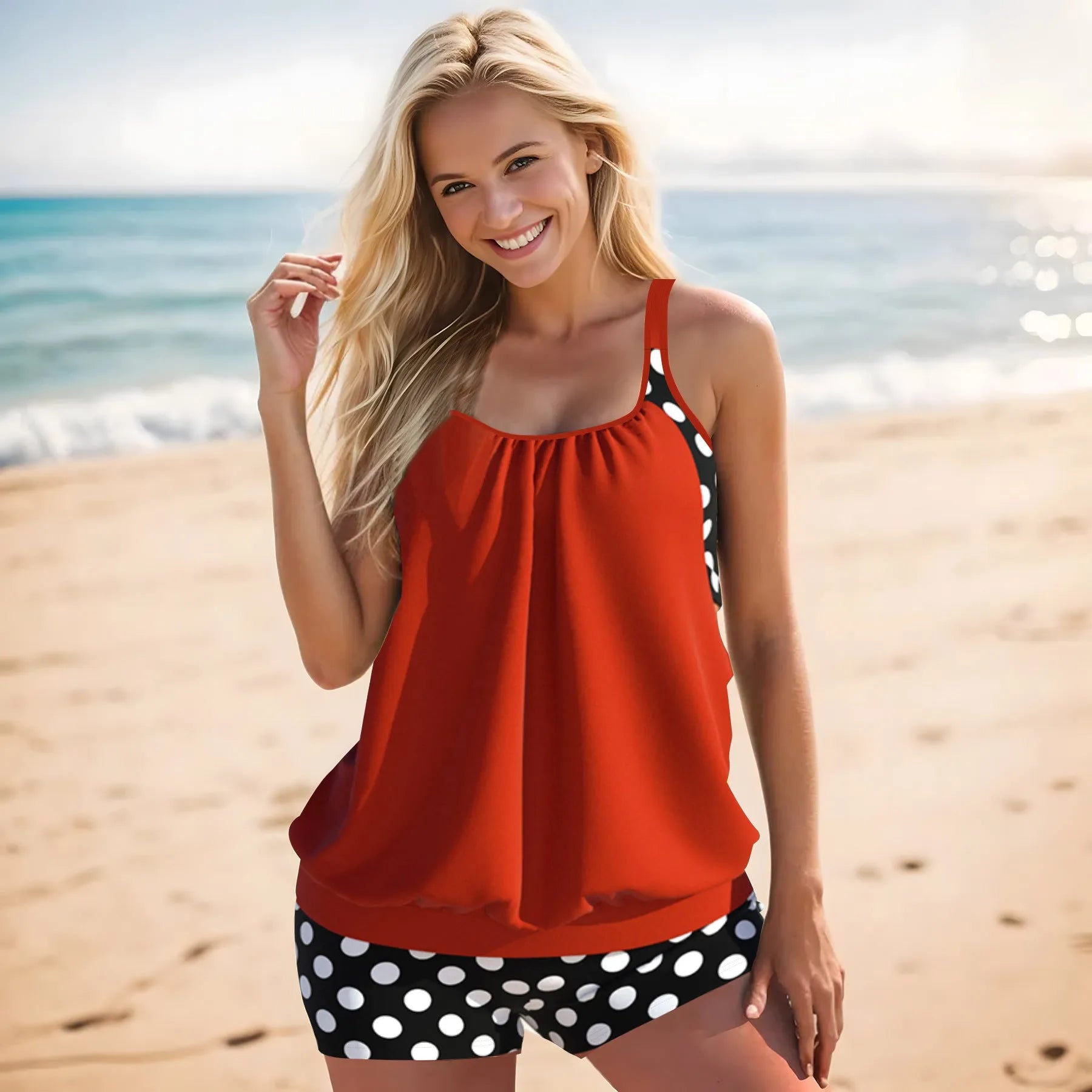 Women's polka dot high-waist swimsuit in polyester fabric for swimming and sports