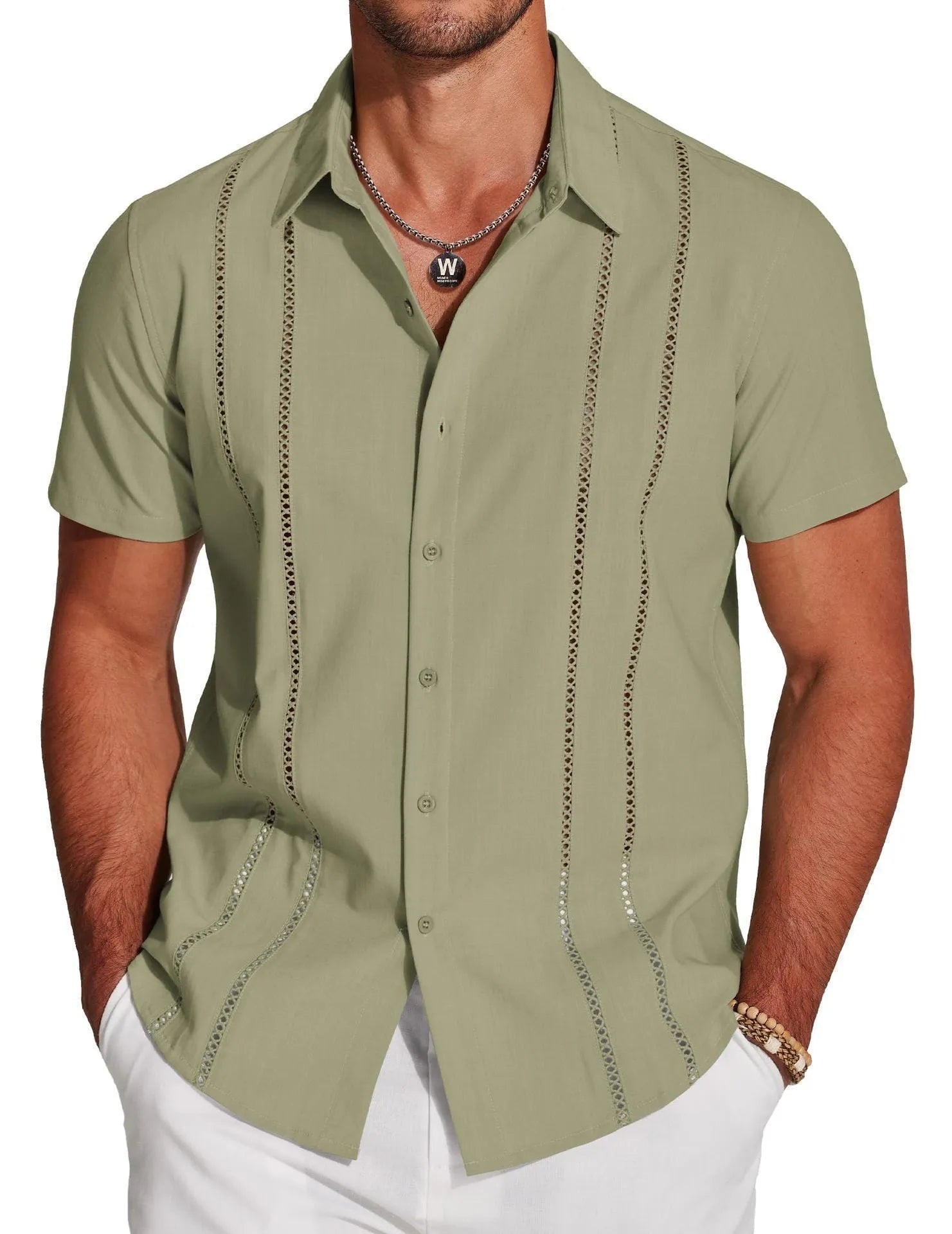 Men's slim fit Hawaiian shirt with digital print pattern and short sleeves showing elastic band construction