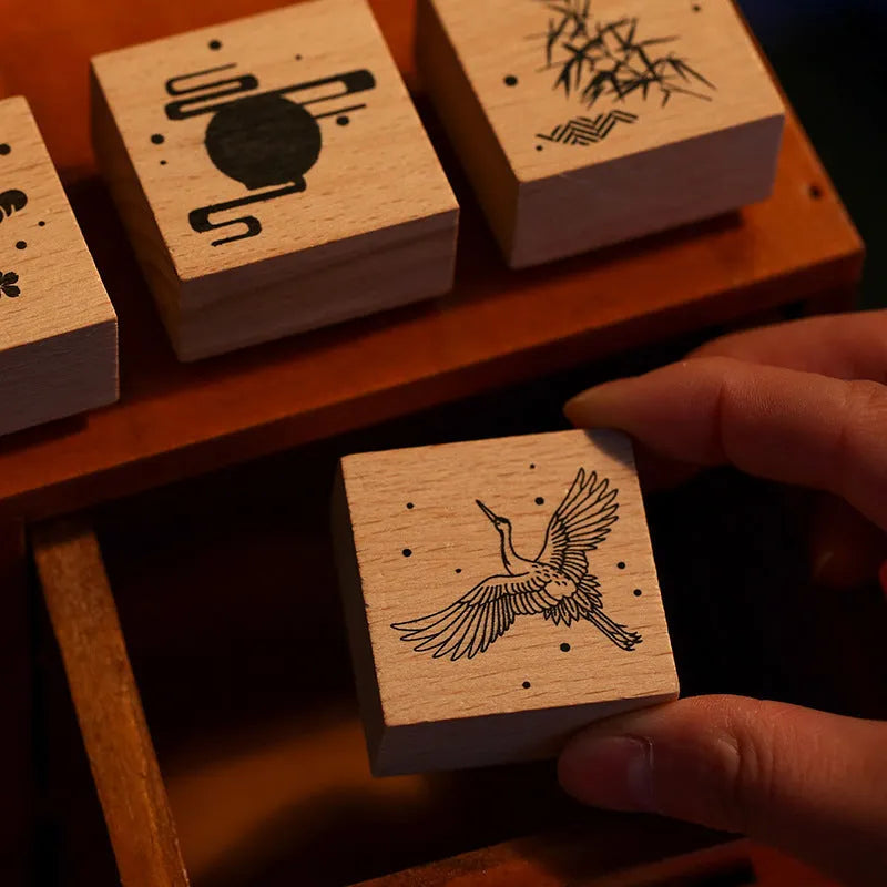 Mr. Paper wooden seal with crane design rubber printing plate for DIY stationery crafting