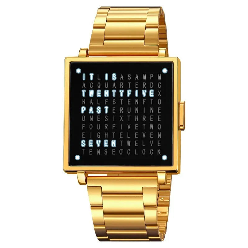 Fashion military digital wristwatch for men women with waterproof LED light and steel belt, black belt option shown