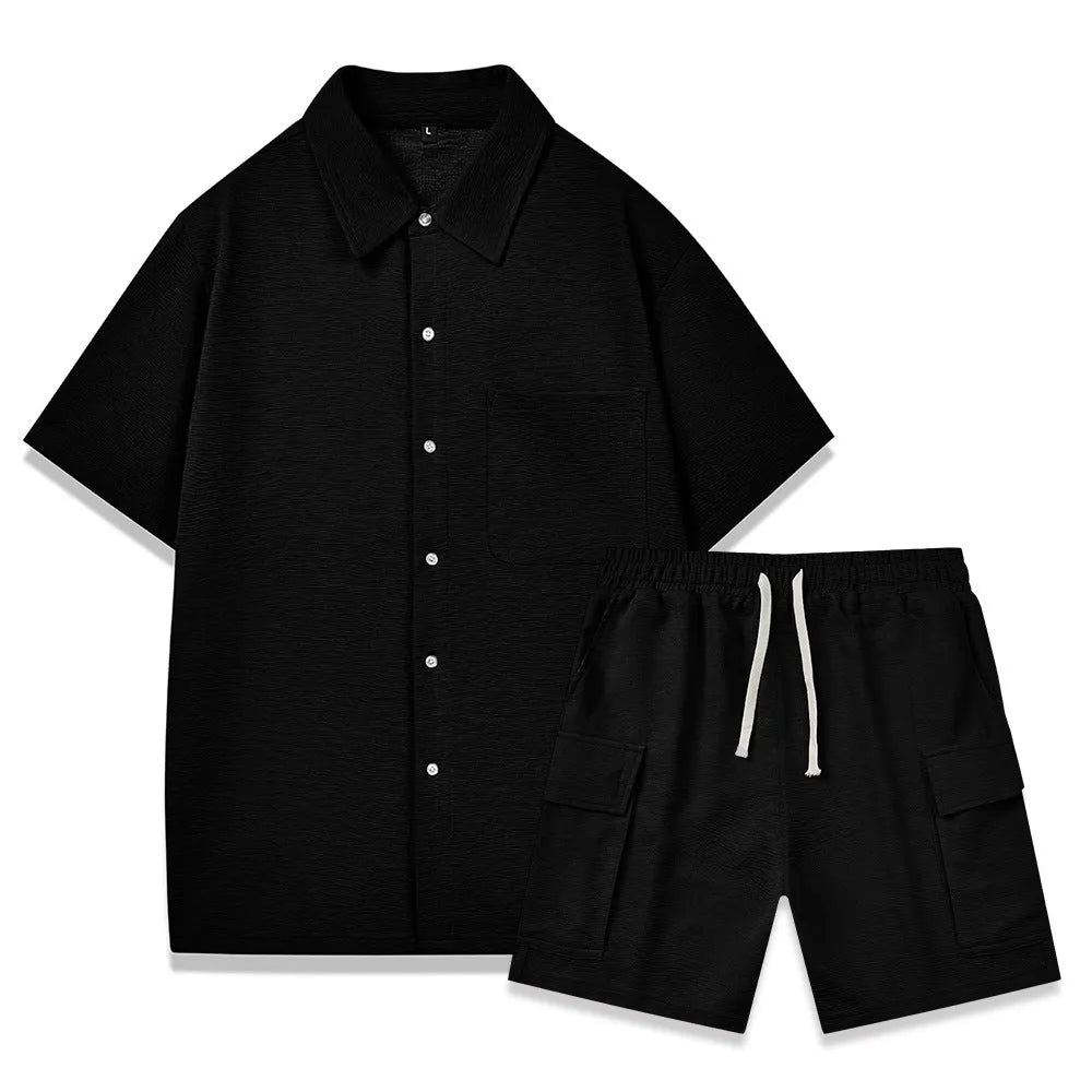 Young women's casual two-piece set with short sleeve top and elastic waist shorts in beige.